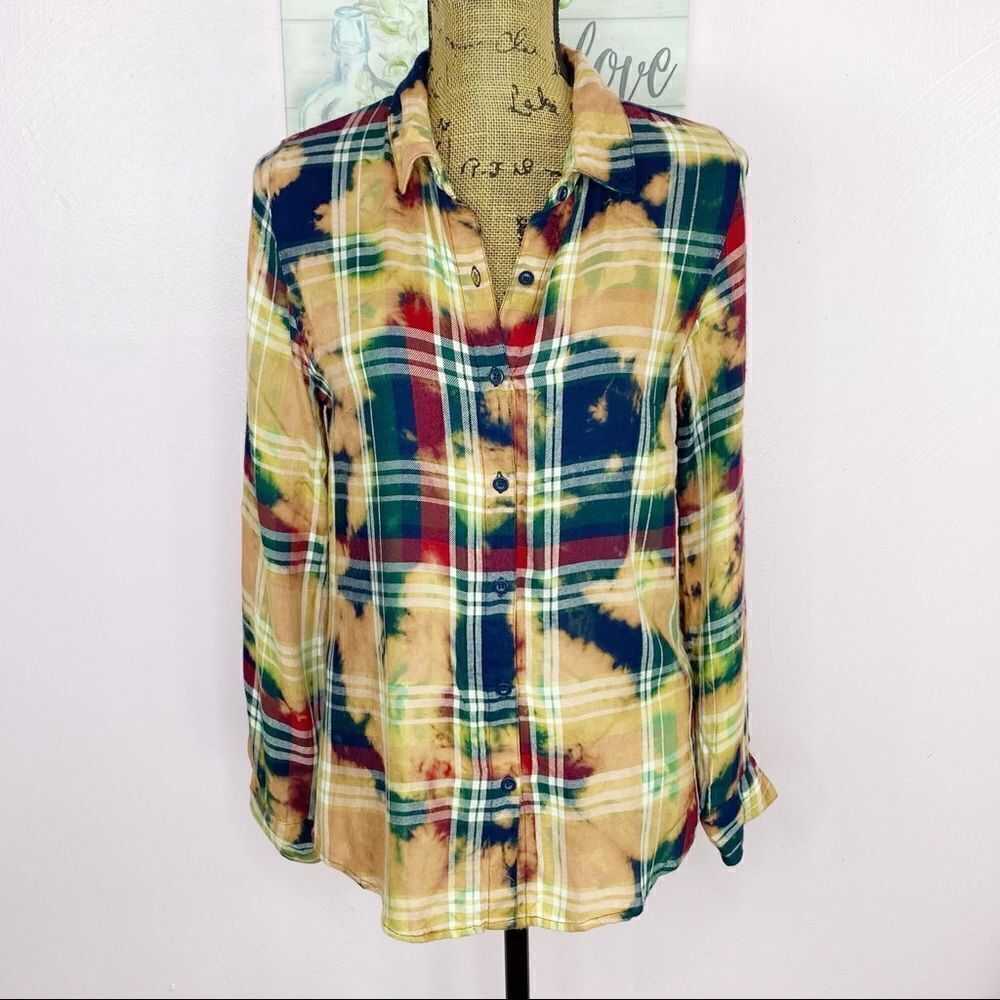Buttons Bleach Dyed Plaid‎ Flannel Button Front Shirt Peach Small